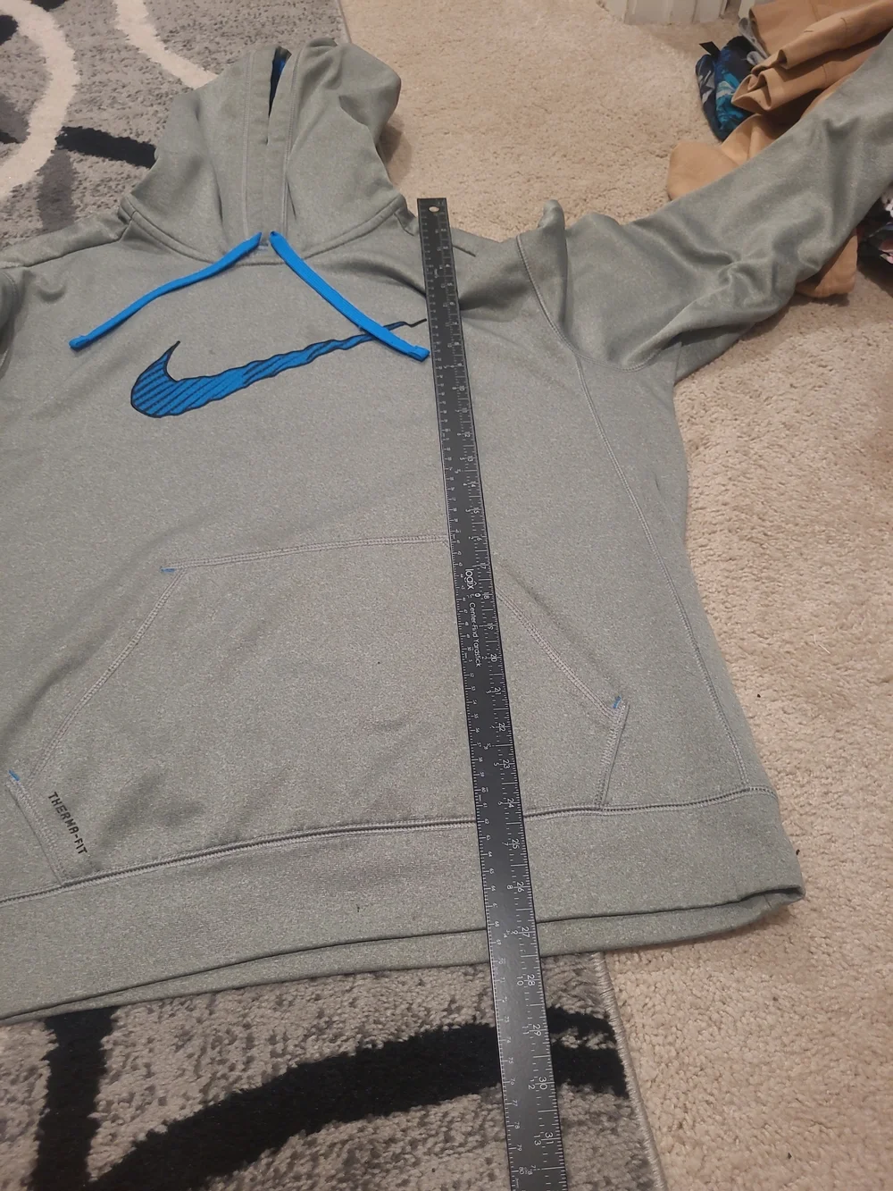 Nike Mens Hoodie Therma-FIT Pullover Gray Blue XL Swoosh Graphic Sweatshirt